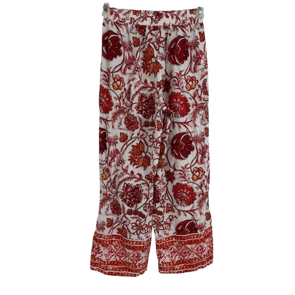 Nicole Miller Linen Blend Wide Leg Floral Pull On Pants Size XS Red Cream Women